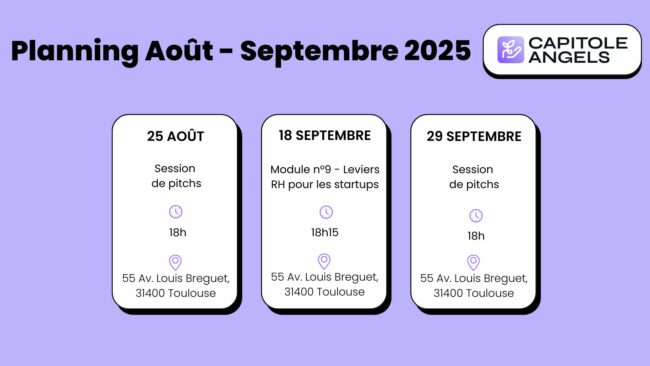 Planning Août – Septembre de Capitole Angels Retrouvez Capitole Angels en août et septembre auprès de leurs membres pour divers événements